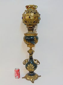Victorian lamp painted metal with brass decoration, jeweled globe, no chimney, height is 33"