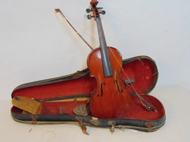 Violin in case with bow, Stradivarius copy, as is, needs restoration, body is 14", total length is