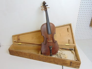 Violin in wood case with bow, made by Richard Waldby, from Yorkshire, England, came to America, year