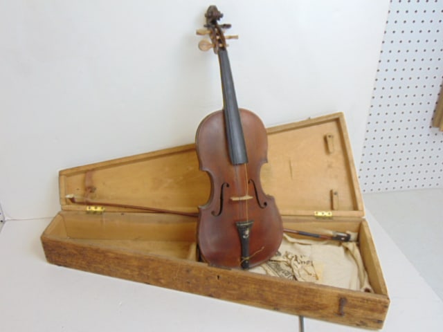 Violin in wood case with bow, made by Richard Waldby, from Yorkshire, England, came to America, year (1 of 13)