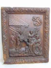 Carved wood panel, adoration of Christ, has loss lower left corner, 19.5" by 17", lock cutout on