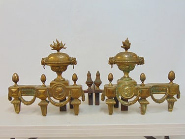 Pair brass French chenets, andirons, urn form with portraits, each is 14.75" wide, 14" tall, depth