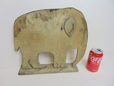 Folk art elephant cutout, old paint, 14" wide, 12.5" tall, depth base is 2.5"
