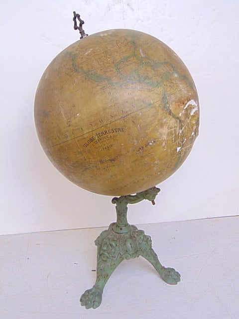 French globe on decorative iron stand, "Globe Terrestre, J. Lebegue & Cie, 25 Rue de Lille, Paris",: French globe on decorative iron stand, "Globe Terrestre, J. Lebegue & Cie, 25 Rue de Lille, Paris", damage in central south America, height is 23" diameter is 13"
