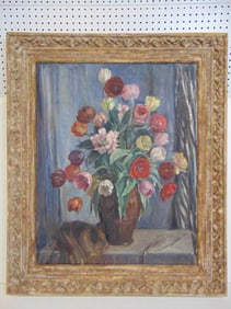 Painting, still-life with tulips in vase, signed Bertha Dorph, 1921, oil on canvas, carved frame,