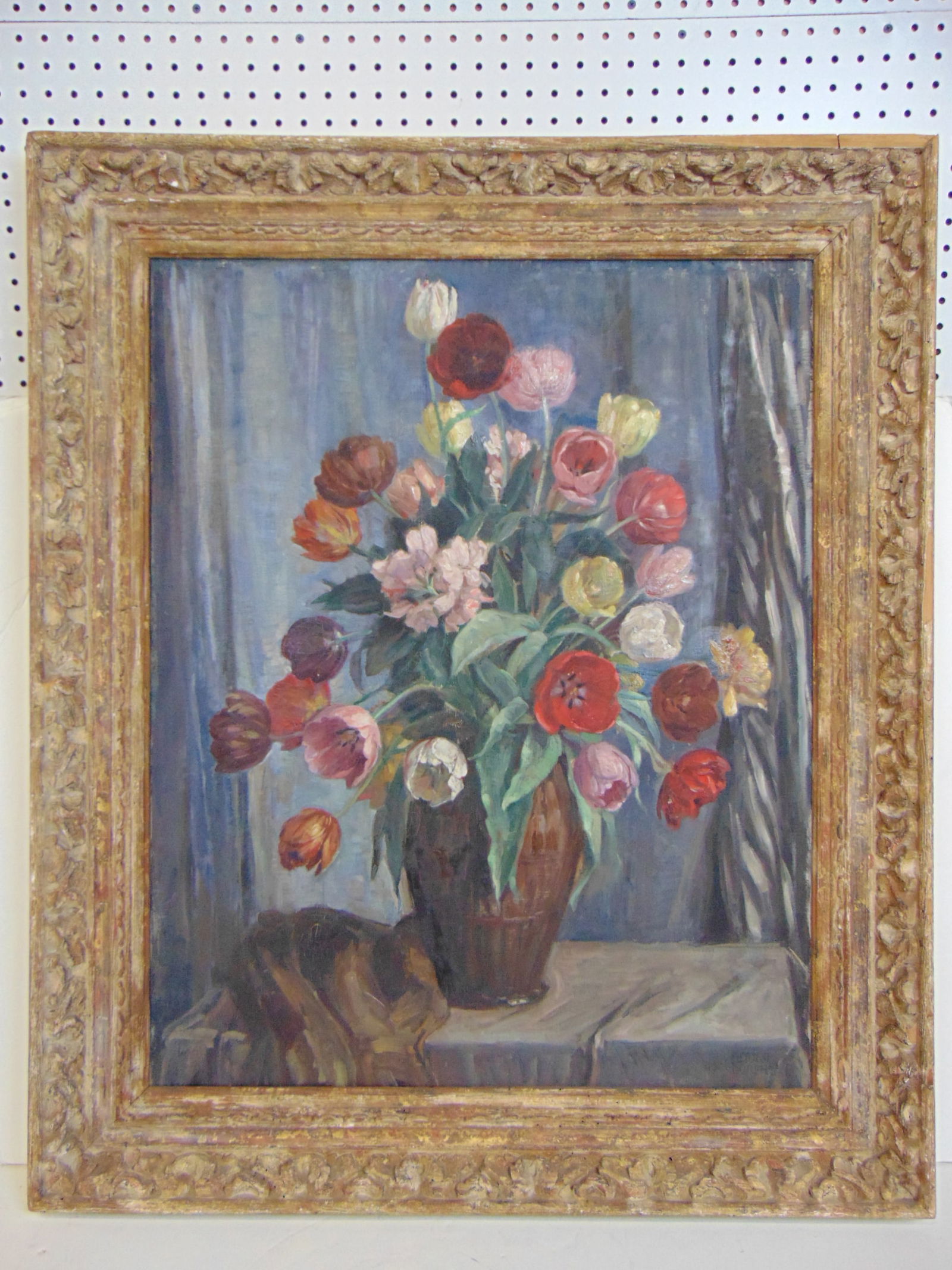Painting, still-life with tulips in vase, signed Bertha Dorph, 1921, oil on canvas, carved frame, (1 of 7)