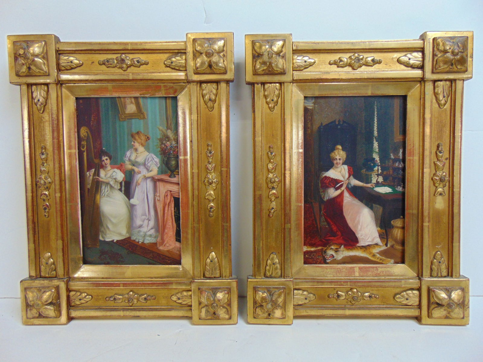 Pair paintings, genre, signed Moritz Stifter, oil on wood panel, in fine quality gilt frames, 13" by (1 of 9)