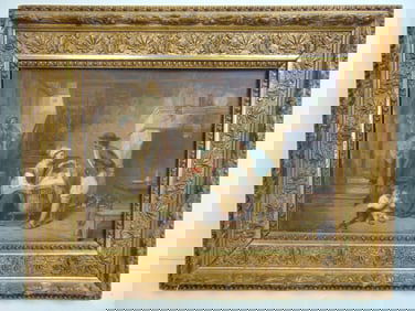 Painting, genre, signed Leon Emile Caille, oil on panel, interior genre scene with figures by crib,