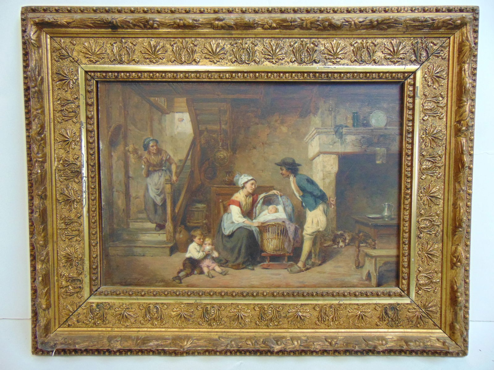 Painting, genre, signed Leon Emile Caille, oil on panel, interior genre scene with figures by crib, (1 of 7)