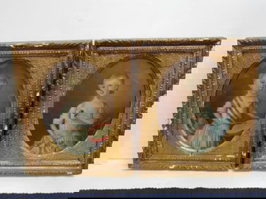 Pair small portraits on copper, young child with drum & young child with flower, appears late 18th