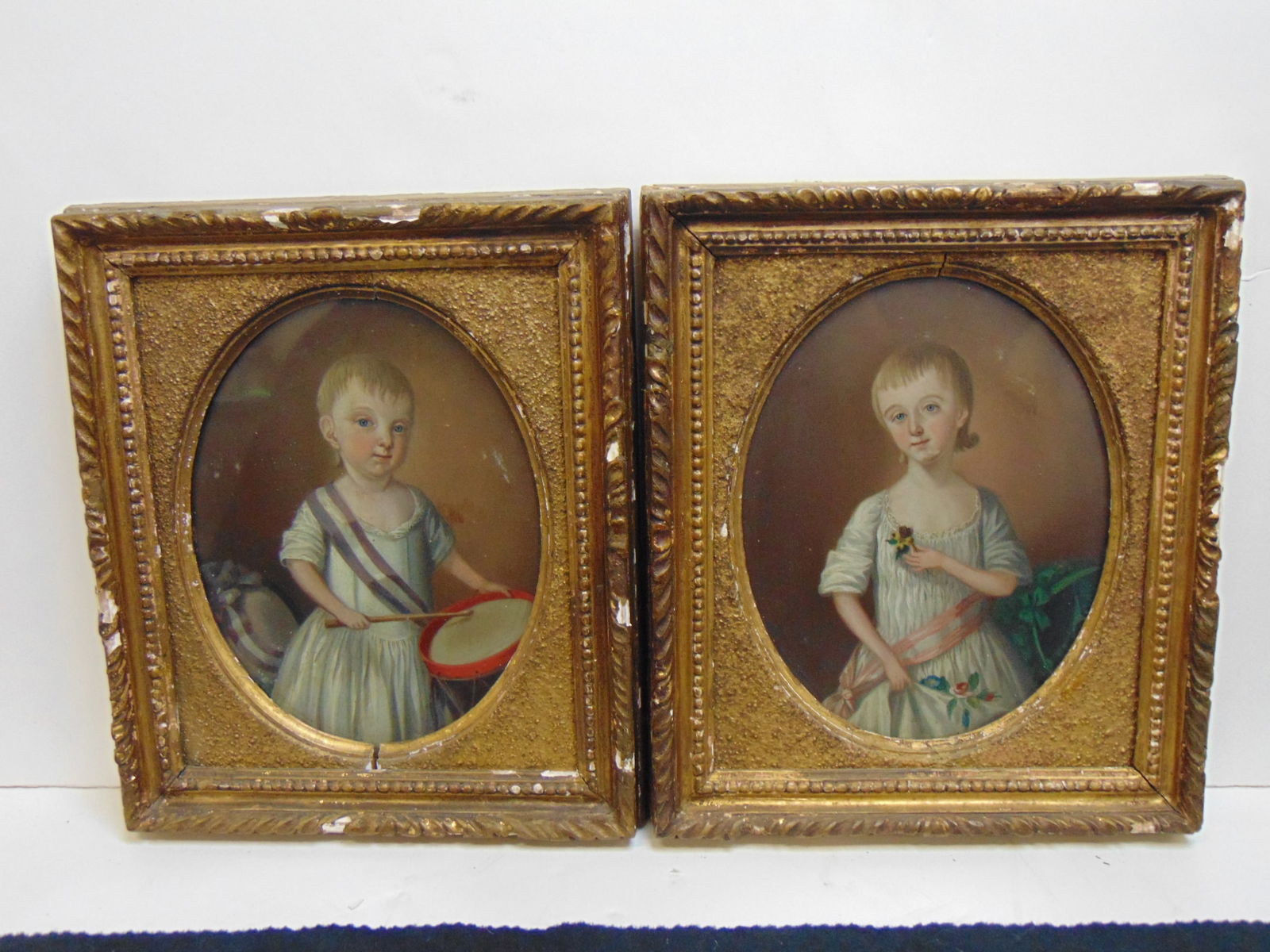 Pair small portraits on copper, young child with drum & young child with flower, appears late 18th (1 of 8)