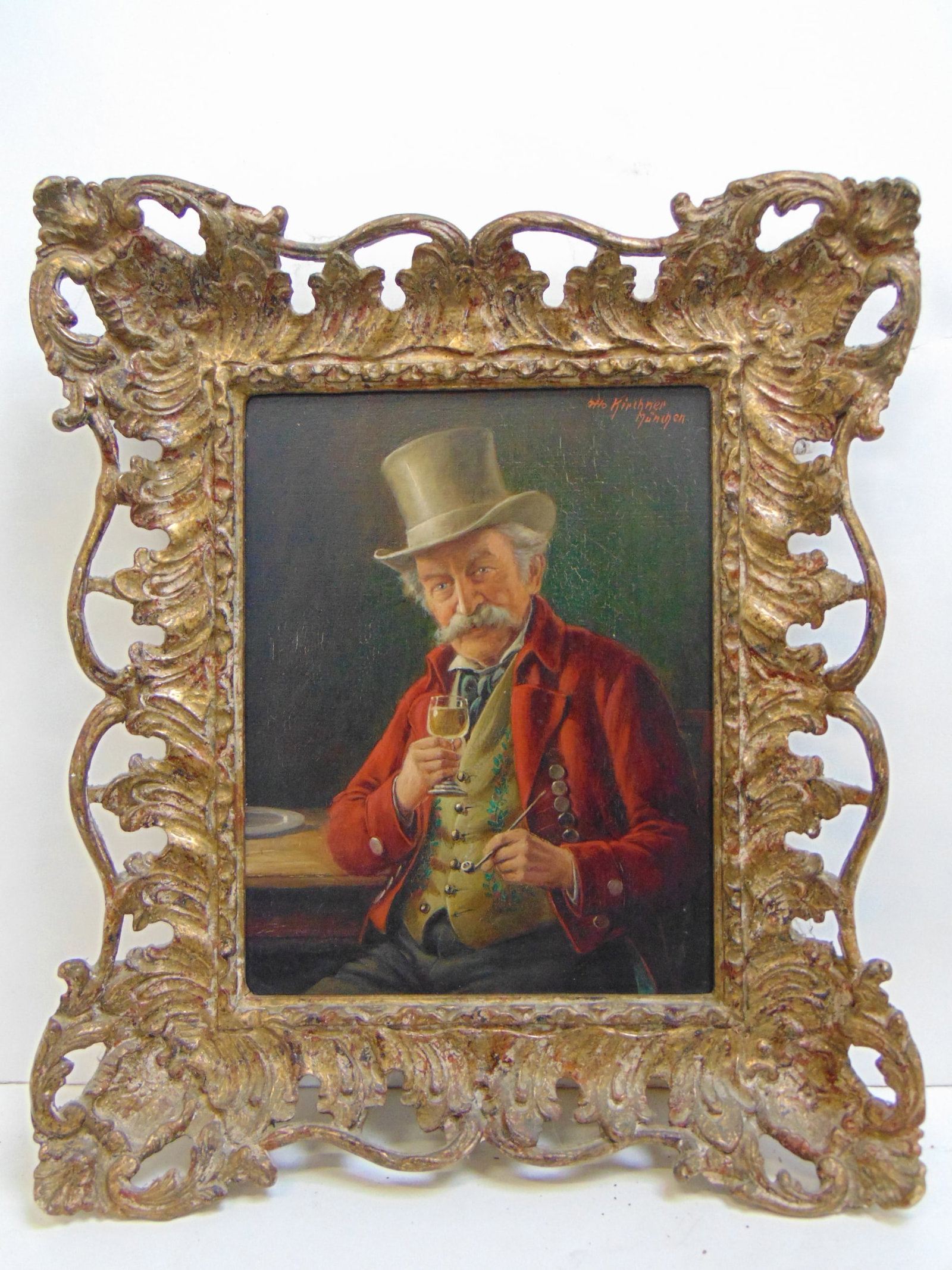 Painting, portrait gentleman with top hat & glass of wine, signed Otto Kirchner, Munchen, oil on: Painting, portrait gentleman with top hat & glass of wine, signed Otto Kirchner, Munchen, oil on panel in carved gilt frame, 10 3/4" by 9.25"