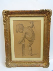 Drawing, small child picking toes, signed "A.F.", in carved gilt frame, 9 7/8" by 7.75"