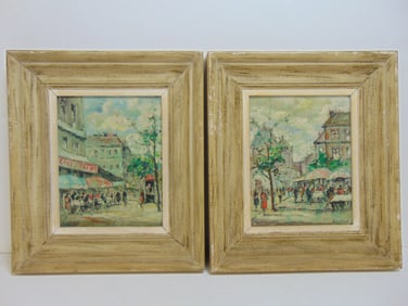 Pair paintings, Parisian street scenes, signed Andre Picot, oil on canvas board, 15.5" by 13.5"