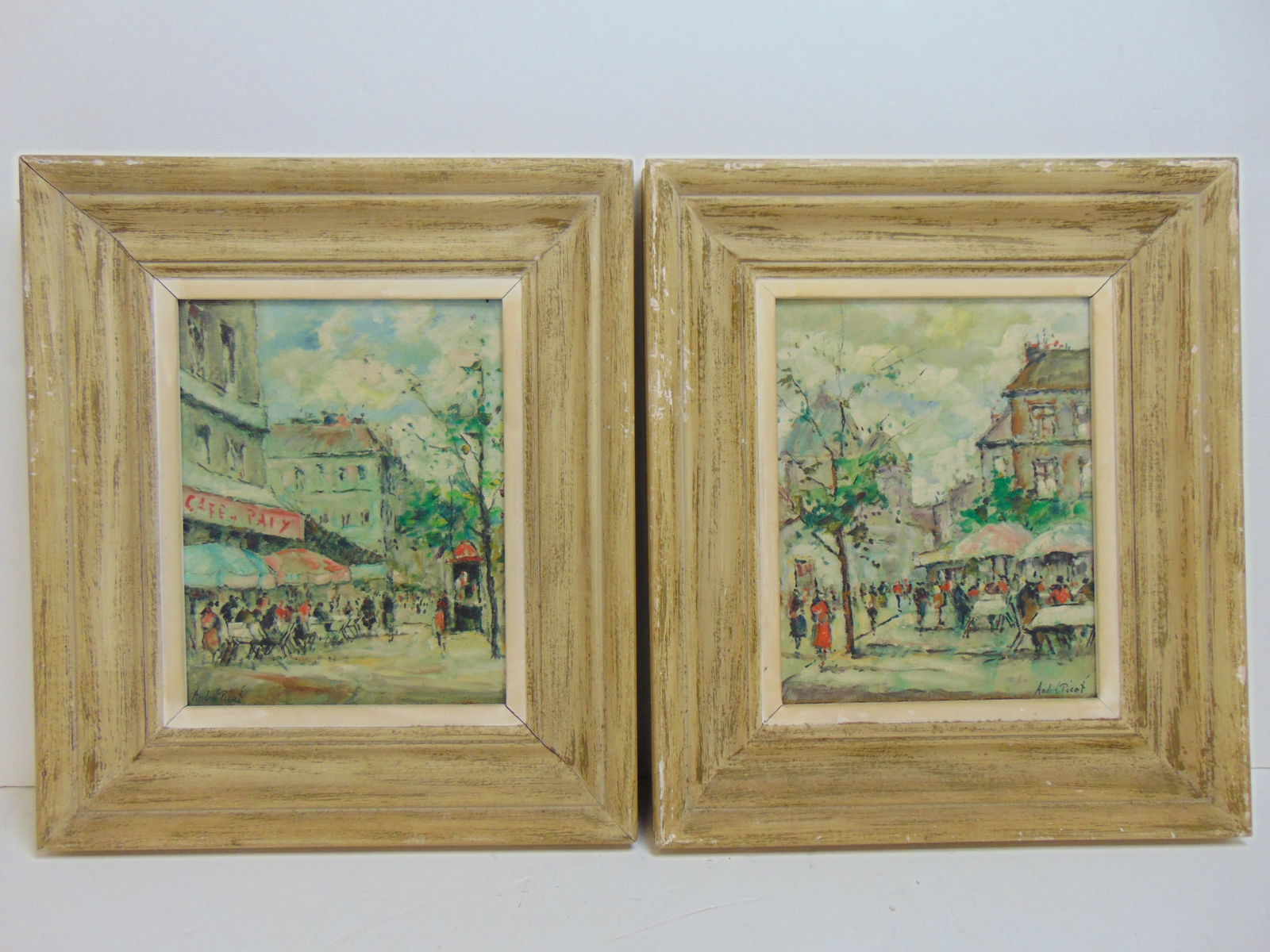 Pair paintings, Parisian street scenes, signed Andre Picot, oil on canvas board, 15.5" by 13.5" (1 of 6)