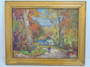 Painting, figure on country road in fall, signed Arthur Beaumont, oil on canvas laid down on wood
