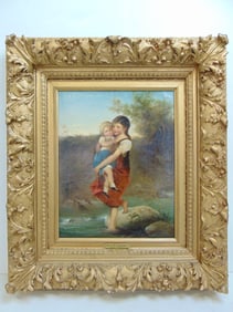 Painting, girl carrying small child over stream, attributed to Felix Schlesinger, oil on canvas,