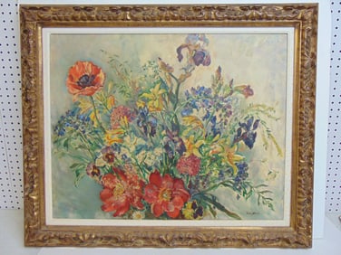 Painting, floral still-life, signed Scheffler (Rudolph ?), oil on canvas in carved frame, 30.75" by