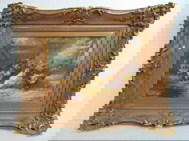 Paintings, chickens by barn, signed August Laux, oil on canvas, gilt framed, 18" by 22"