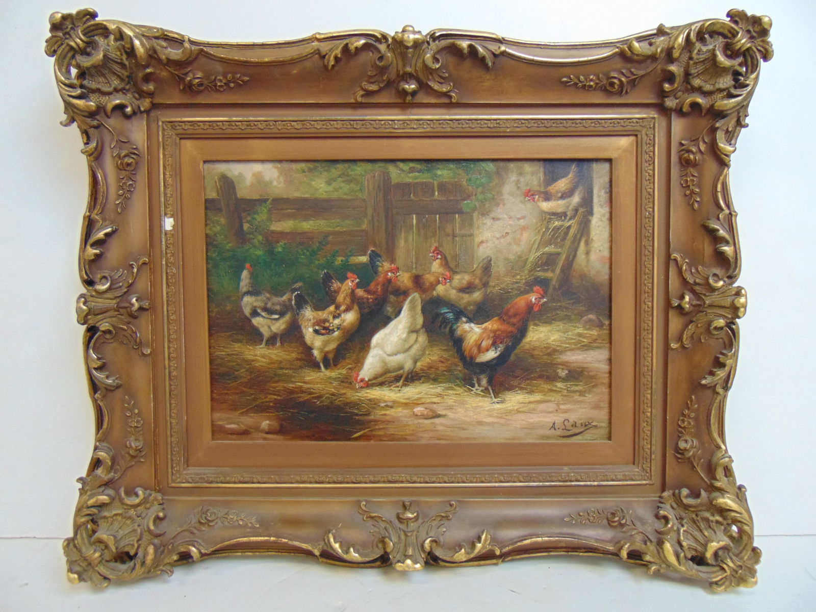 Paintings, chickens by barn, signed August Laux, oil on canvas, gilt framed, 18" by 22" (1 of 6)