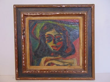 Painting, portrait girl, in expressionistic style, unsigned, oil on board, 21 1/8" by 22.25"