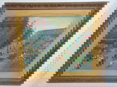 Painting, Flower Market, signed Jean Busqets (Busquets), oil on canvas, 28" by 32.5"