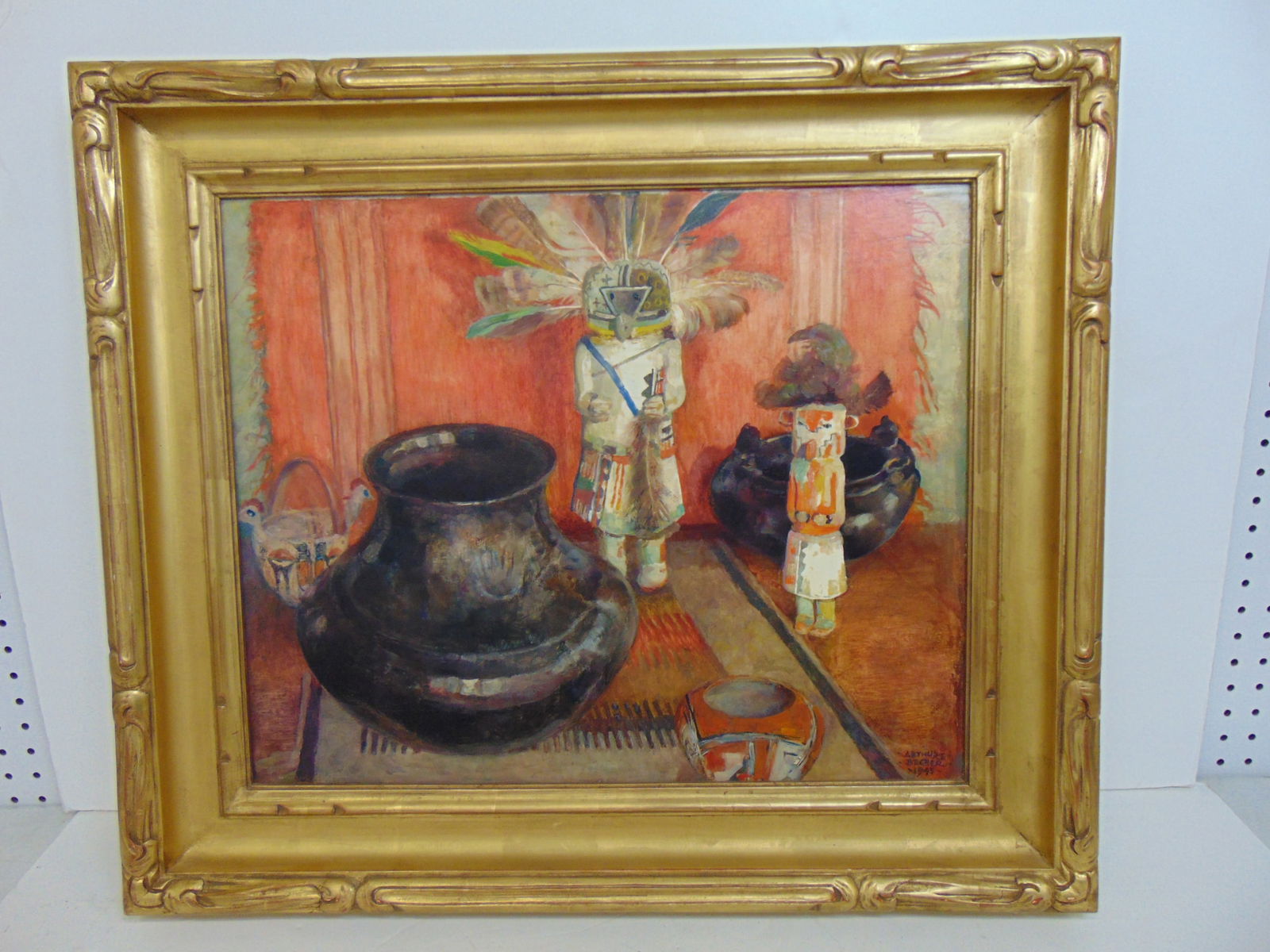 Painting, still-life with Native American artifacts, signed Arthur E. Brecher 1945, oil on wood (1 of 6)