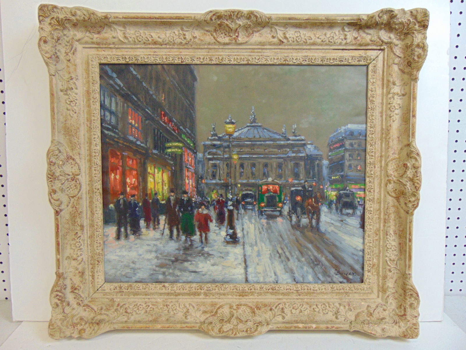 Painting, Paris scene, opera house, signed Boyer (Emile), oil on canvas, in carved frame, 27 7/8" by (1 of 6)