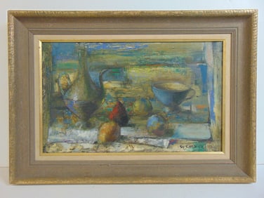Painting, still-life with fruit, bowl & pitcher, signed Guy Cambier, oil on canvas, dated 1962,