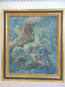 Painting, galloping horses with figure on horseback, signed Schorr, oil on canvas, 29" by 25.25"