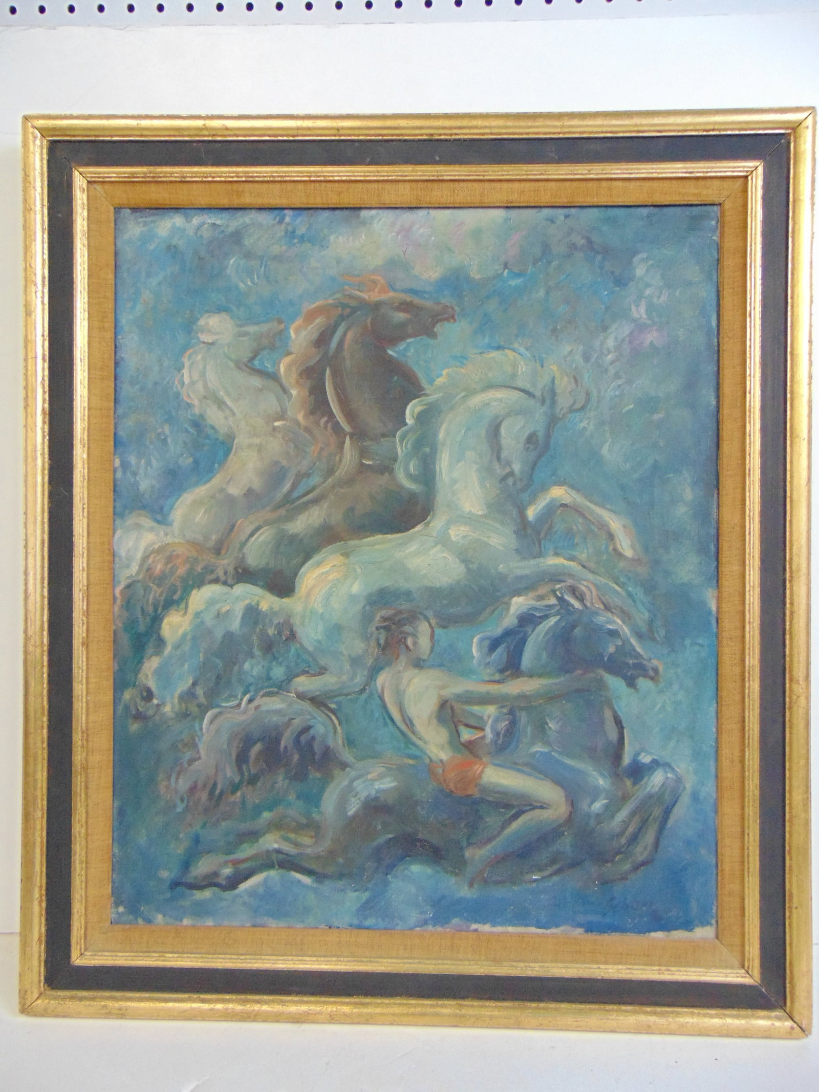 Painting, galloping horses with figure on horseback, signed Schorr, oil on canvas, 29" by 25.25": Painting, galloping horses with figure on horseback, signed Schorr, oil on canvas, 29" by 25.25"