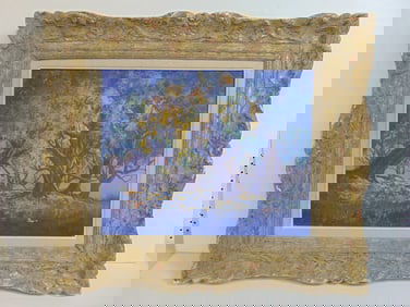 Painting, large trees, blue hues, unsigned, oil on canvas, in carved frame by A. Miller, 24.5" by