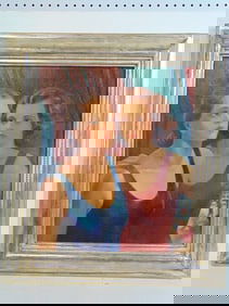 Painting, 2 woman in bathing suits on beach, signed P. Nardell (Philip), oil on canvas, in silver