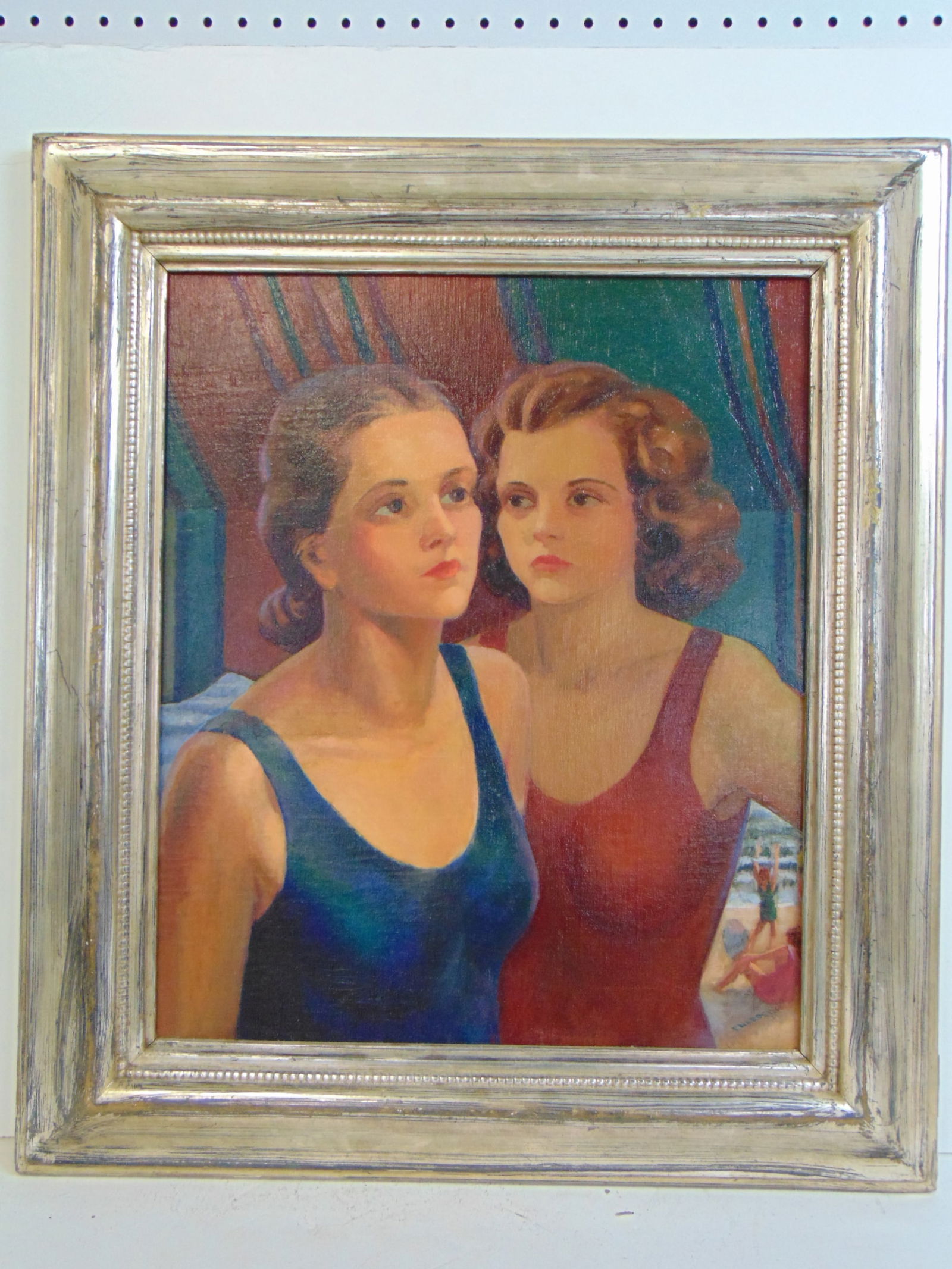 Painting, 2 woman in bathing suits on beach, signed P. Nardell (Philip), oil on canvas, in silver (1 of 6)