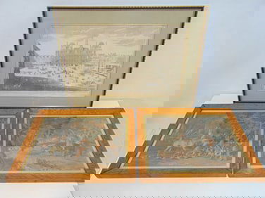 Art lot, pair of hunt prints & engraving, "L'Hotel de Ville de Paris, hunt prints are 15.75" by