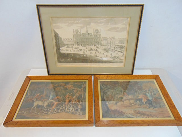 Art lot, pair of hunt prints & engraving, "L'Hotel de Ville de Paris, hunt prints are 15.75" by (1 of 7)