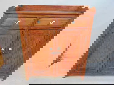 Country cupboard, 2 drawers over two doors, with backsplash, in red finish, paint, cabinet is 41" by