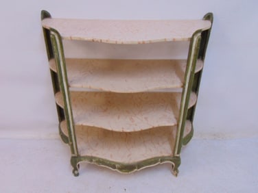 Paint decorated etagere 4 shelves, shelves in pink with designs, etagere is 36.75" wide, 15.5" deep,