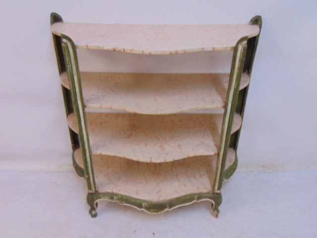 Paint decorated etagere 4 shelves, shelves in pink with designs, etagere is 36.75" wide, 15.5" deep,: Paint decorated etagere 4 shelves, shelves in pink with designs, etagere is 36.75" wide, 15.5" deep, height is 36.75"