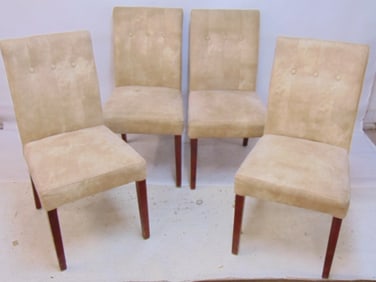4 chairs, light brown faux suede, tufted back, clean, each chair is 19" wide, 18" deep, height is