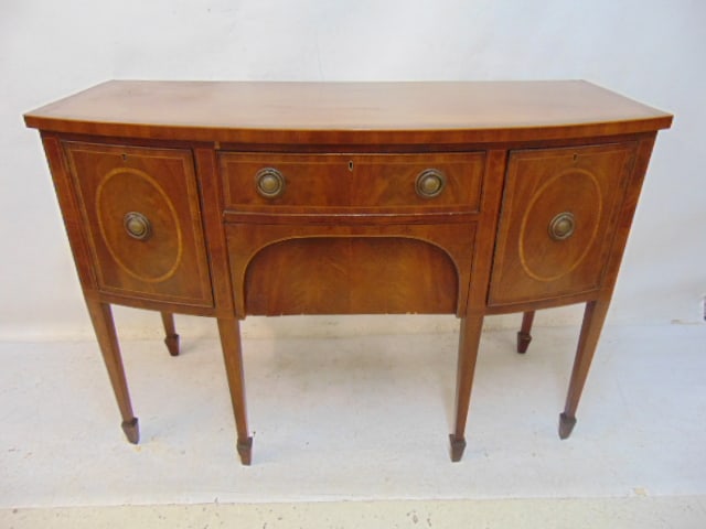 Diminutive sized mahogany sideboard, Hepplewhite style, with inlaid detail, 48" wide, 21" deep,: Diminutive sized mahogany sideboard, Hepplewhite style, with inlaid detail, 48" wide, 21" deep, height is 34"