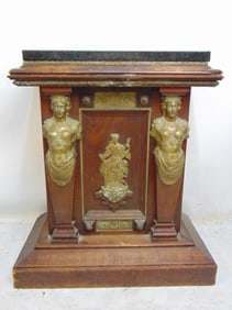 Bronze mounted, polished granite top stand, pedestal, with large bronze figures on columns, 27.5"