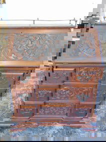 Carved mahogany slant front desk, Chippendale blockfront style, carved sides, front, 4 drawers, back