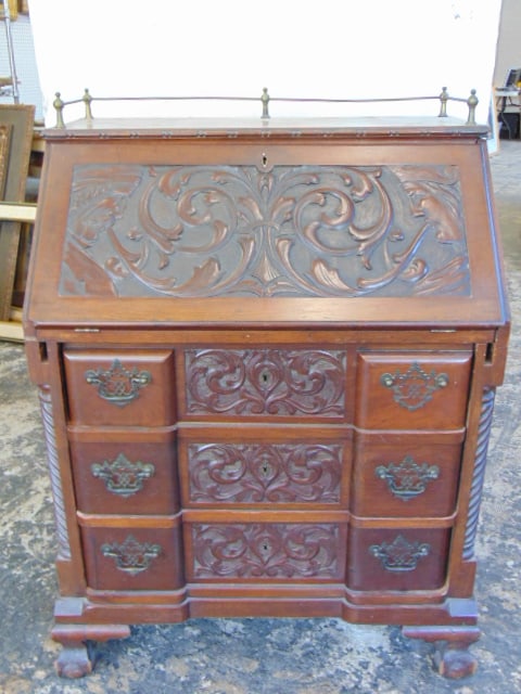 Carved mahogany slant front desk, Chippendale blockfront style, carved sides, front, 4 drawers, back (1 of 6)