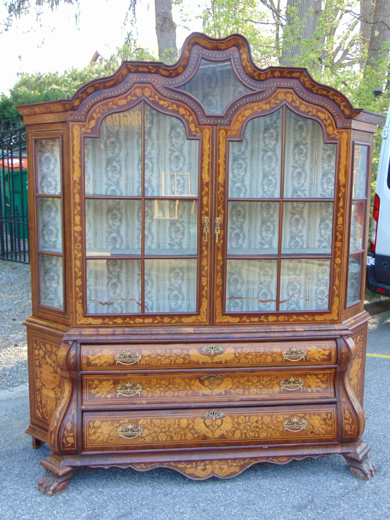 Large Dutch marquetry inlaid cabinet, two piece, base has 3 large drawers, top has paneled glass (1 of 8)