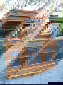 Victorian bookcase, curio cabinet, center case flanked by two smaller cabinets, beveled glass