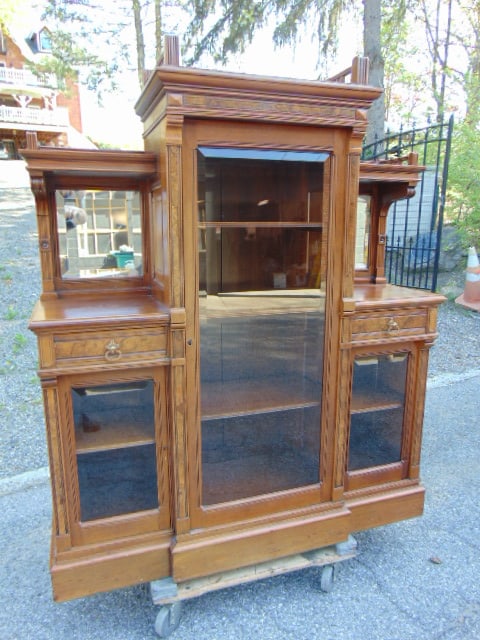 Victorian bookcase, curio cabinet, center case flanked by two smaller cabinets, beveled glass (1 of 4)