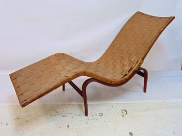 Bruno Mathsson lounge chair with woven seat, signed, on bentwood frame, weaving is dry, some loss,