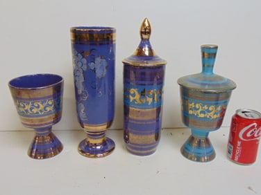 4 gilt accented California vases, two lidded , San Gabriel, Vee Jackson, California, tallest vase is