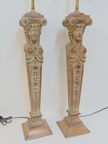 Pair carved wood table lamps with shades, carved figural base lamps in classical style, includes